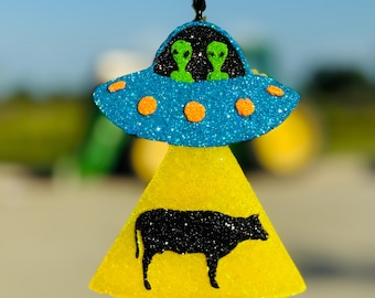 Alien Spaceship Cow Car Freshie, UFO Steer Air Freshener – Western Outerspace Car Decor