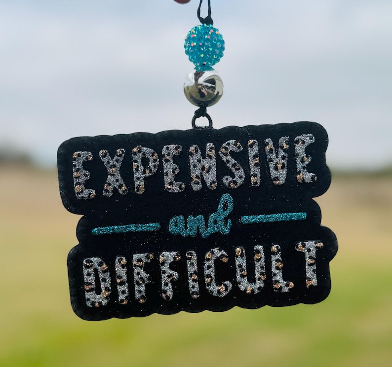 May include: Black sign with the words "EXPENSIVE and DIFFICULT" in silver glitter and leopard print. The word "and" is in teal glitter. The sign is hanging from a black string with a teal bead and a silver bead.