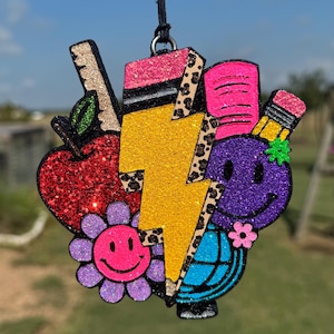 Teacher Lightning Bolt Car Freshie: Apple, Pencil, Smiling Face Air Freshener