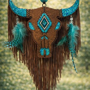 May include: A brown bull skull wall hanging featuring bright turquoise glitter accents on the horns and center diamond shape. The piece is adorned with long brown suede fringe, dangling clear beads, and teal feathers with black spots hanging down.