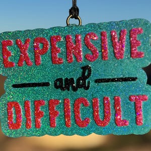 May include: A glittery teal ornament with the words "EXPENSIVE and DIFFICULT" in red glitter lettering. The word "and" is in black script. The ornament is hanging from a black string.