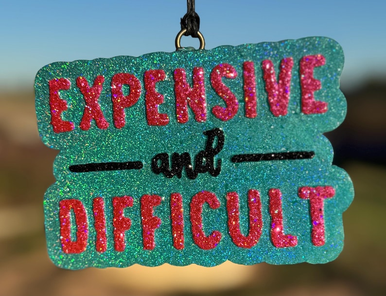 May include: A glittery teal ornament with the words "EXPENSIVE and DIFFICULT" in red glitter lettering. The word "and" is in black script. The ornament is hanging from a black string.