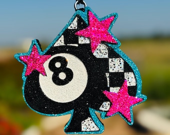Checkered Spade 8 Ball Car Freshie: Customizable Scented Air Freshener, Car Scent, Boujee, western