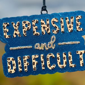May include: A blue, glittery sign with the words "EXPENSIVE and DIFFICULT" in white letters with black leopard print spots. The word "and" is in silver glitter. The sign is hanging from a black string.