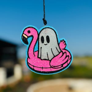 Ghost in Flamingo Float Car Freshie: Halloween Scented Air Freshener Car Scent