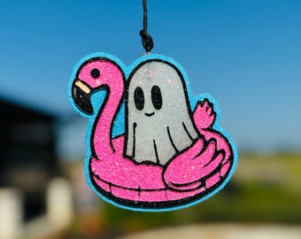 Ghost in Flamingo Float Car Freshie: Halloween Scented Air Freshener Car Scent