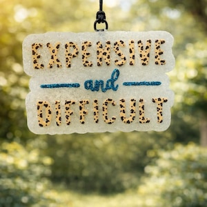 May include: A glittery, rectangular sign with the words "EXPENSIVE" and "DIFFICULT" in a leopard print font. The word "and" is written in cursive with a blue glitter underline. The sign hangs from a black cord.