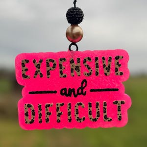 May include: A neon pink, rectangular ornament with the words "EXPENSIVE and DIFFICULT" in black script and leopard print lettering. The ornament hangs from a black beaded string with a gold bead.