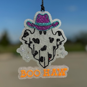Boo-Haw Ghost with Cowboy Hat and Cow Print-Option 2 Car Freshie/Fall Freshie/ Halloween Freshie/Car Freshener/Freshy/Car scent/Freshy