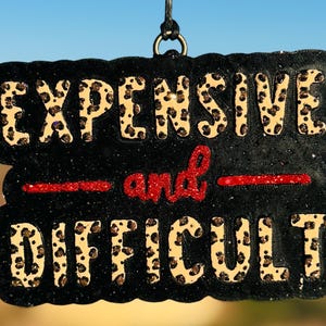 May include: A black, glittery sign with the words "EXPENSIVE" and "DIFFICULT" in leopard print lettering. The word "and" is in red glitter, with a red glitter line above and below it. A black string is attached for hanging.