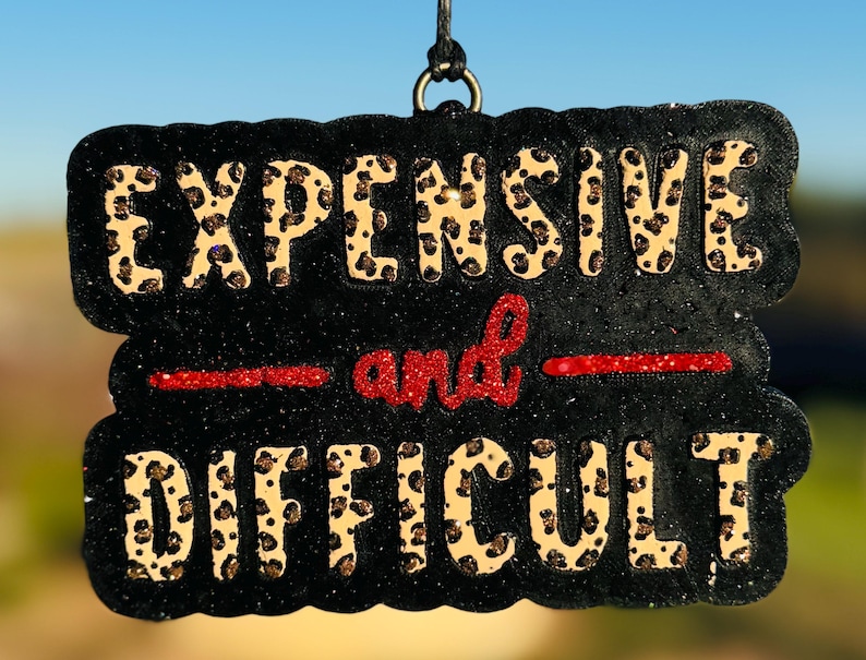 May include: A black, glittery sign with the words "EXPENSIVE" and "DIFFICULT" in leopard print lettering. The word "and" is in red glitter, with a red glitter line above and below it. A black string is attached for hanging.