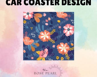 Floral Blue Car Coaster Digital Design, Sublimation Designs, Car Coaster PNG, Flowers, Blue Floral