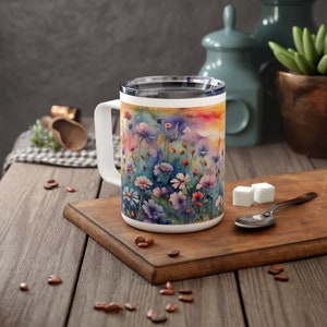 Watercolor Spring Time Flowers Insulated Coffee Mug, 10oz, Boho chic decor, Camping Mug, Hot Chocolate, Travel Mug, Colorful Mug with lid