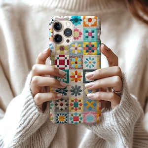 Patchwork Quilt Phone Case | Floral Geometric Squares, Nostalgic Colors