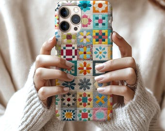 Patchwork Quilt Phone Case | Floral Geometric Squares, Nostalgic Colors