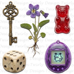 May include: A collection of assorted objects on a white background. Includes a vintage brass key, a sprig of purple violets, a red gummy bear, a cracked dice, and a purple handheld digital pet game with a pixelated character.