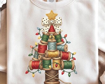 Sewing Christmas Tree PNG, Vintage Thread Spool Faux Embroidery (Digital Art)