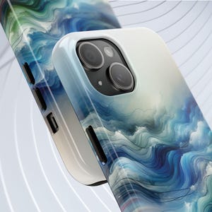 Watercolor Ocean Waves Tough Phone Case, Sea Green Coastal Blue Stripes, iPhone Samsung, Protective Cover Shell Skin, Beach Nature Pattern,