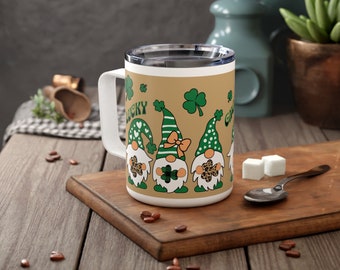 Gnome St Patricks Day Insulated Coffee Mug, 10oz, Gnome Mug, Lucky Gnomes, Shamrock, Luck of the Irish, Lucky Charm, Leprechauns, St Paddys