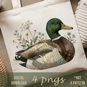 May include: A cream-coloured tote bag featuring a central graphic of a mallard duck constructed from various fabric patches in shades of green, brown, and beige, surrounded by embroidered-style wildflowers. Text reads: DIGITAL DOWNLOAD 4 pngs *NOT A PATTERN.