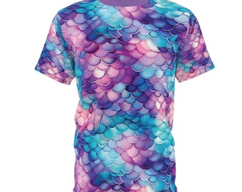 Mermaid Scales Unisex Cut & Sew Tee (AOP), Mermaid shirt, Trip Shirt, Halloween Mermaid costume, Party shirt, Mermaid birthday theme, gift