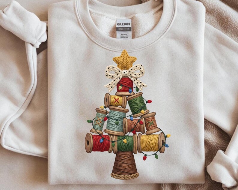 Sewing Christmas Tree PNG, Vintage Thread Spool Faux Embroidery ...