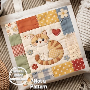 Courtepointe en patchwork de chaton PNG | Art décoratif en tissu avec un chat Cottagecore (téléchargement numérique)