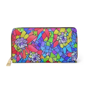 Reißverschluss-Brieftasche, Retro Blumen Damen Geldbörse, Boho Chic Glasmalerei, Vintage Münztasche Kunstleder, Aquarell Mosaik, Geschenk für sie,