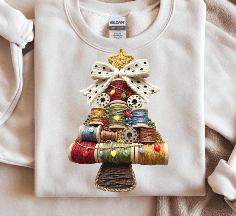 Sewing Christmas Tree PNG, Vintage Thread Spool Faux Embroidery ...