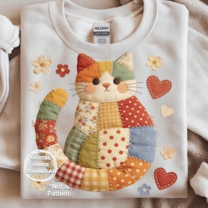 Courtepointe en patchwork de chat PNG | Art décoratif Cottagecore (téléchargement numérique)