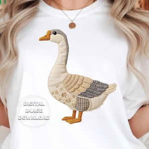 May include: White t-shirt featuring a patchwork goose design. The goose has a gray head, beige body, and patterned wings with floral and checkered details. The text "DIGITAL IMAGE DOWNLOAD" is below the goose.