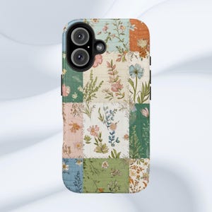 Tough Phone Cases, Patchwork Quilt Tile Grandma Chic Aesthetic Floral Boho Cute Spring Trendy Phone Case iPhone 15 14 13 12 Samsung Galaxy