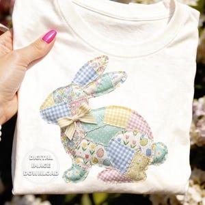 Quiltkonijntjes in patchworkstijl png-bundel | 5 op stof geïnspireerde paashaas cliparts | Cottagecore-boerderij