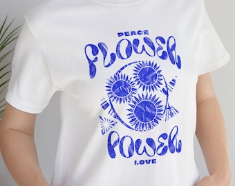 Unisex Jersey Short Sleeve Tee - Peace, Love, Flower Power, 1960s, garden, floral, wildflowers, retro, flower child, hippie vibes