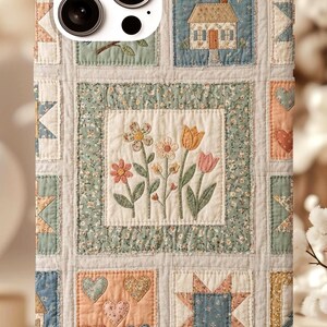 Vintage blommigt quiltpaket i PNG – Pastellfärgade lapptäcken i Cottagecore-stil (digital nedladdning)