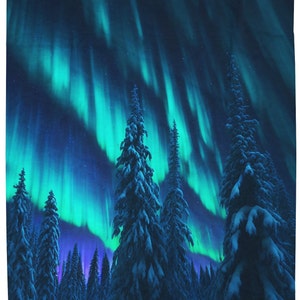 Velveteen Plush Blanket - Northern Lights, Aurora Borealis, Night Sky, Pine Trees, Starry Night, Camping Under Stars, Wilderness, camping