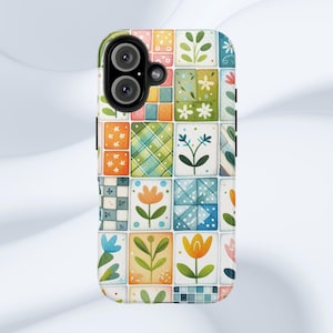 Cute Tile Patchwork Quilt Grandma Chic Tough Phone Case, Boho Floral Aesthetic, Spring Trendy iPhone Samsung Pixel, Cute Gift for Her
