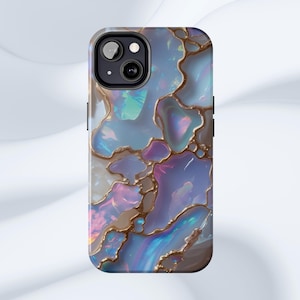 May include: A smartphone case with a marbled design. The case features a pattern of swirling blues, purples, and iridescent colors, with gold-colored outlines. The case has a black camera module and buttons.