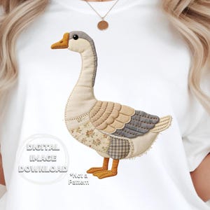 May include: A white t-shirt featuring a patchwork goose design. The goose has a gray head, a beige neck, and a body composed of various fabric patterns in beige, gray, and floral prints. The goose's beak and feet are orange. Text on the shirt reads "DIGITAL IMAGE DOWNLOAD" and "*Not a Pattern."