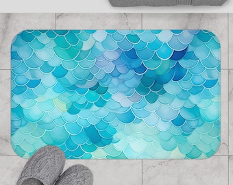 Aqua Mermaid Scales Bath Mat: Microfiber Bathroom Decor