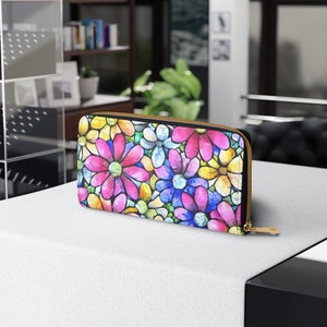 Cartera con cremallera y diseño de flores retro, cartera para mujer, cartera retro con flores, estilo boho chic, cartera vintage con bolsillo para monedas, piel sintética, mosaico de acuarela