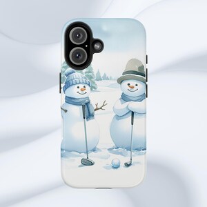Custodia per telefono da golf con pupazzi di neve, custodia per telefono resistente con alberi di pino acquerellati con pupazzo di neve per le vacanze invernali da golf, Samsung S21 S22 S23 S24, iPhone