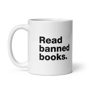 Read Banned Books White Ceramic Mug, Black Typography, Book Lover Gift