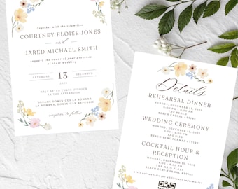 Watercolor Floral Wedding Invitation, Fully Editable DIY Canva Digital Template, Printable Wedding Stationery