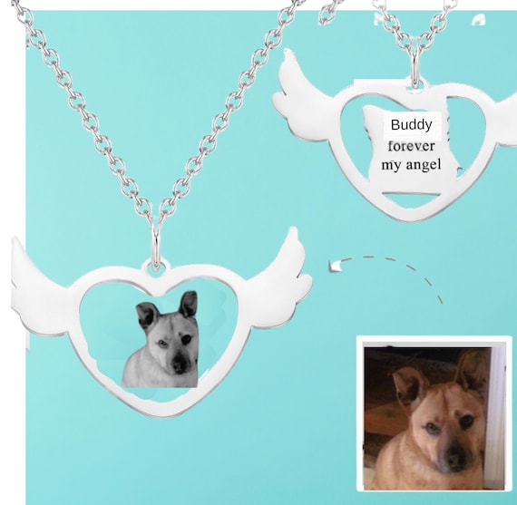 Memorial Custom Photo Engraved Necklace, Angel Heart Shaped Wings ,Gift for Pet Lovers,Pet owner,dog mom,birthday,Valentines,Christmas