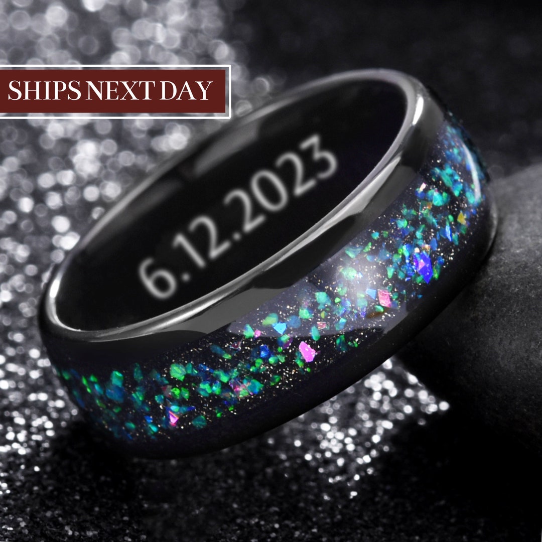 Nebula Galaxy Black Tungsten Opal Ring Mens Wedding Ring Etsy