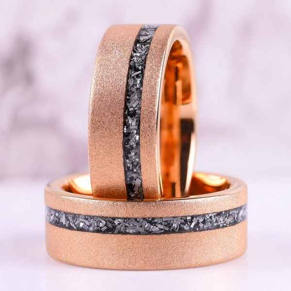 Rose Gold Sandblasted Ring, Meteorite Inlay Tungsten Ring, Mens Wedding Band, Mens Wedding Ring, Gift For Him, Ring for Men, 8mm Comfort Fit