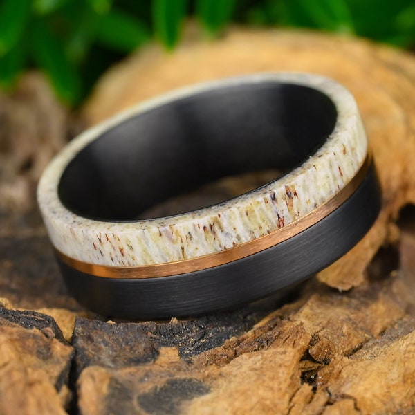 Deer Antler Black Tungsten Ring, Tungsten Wedding Band, Engraved Black Ring, Mens Wedding Ring, Gift For Him, Ring for Men, 8mm Comfort Fit