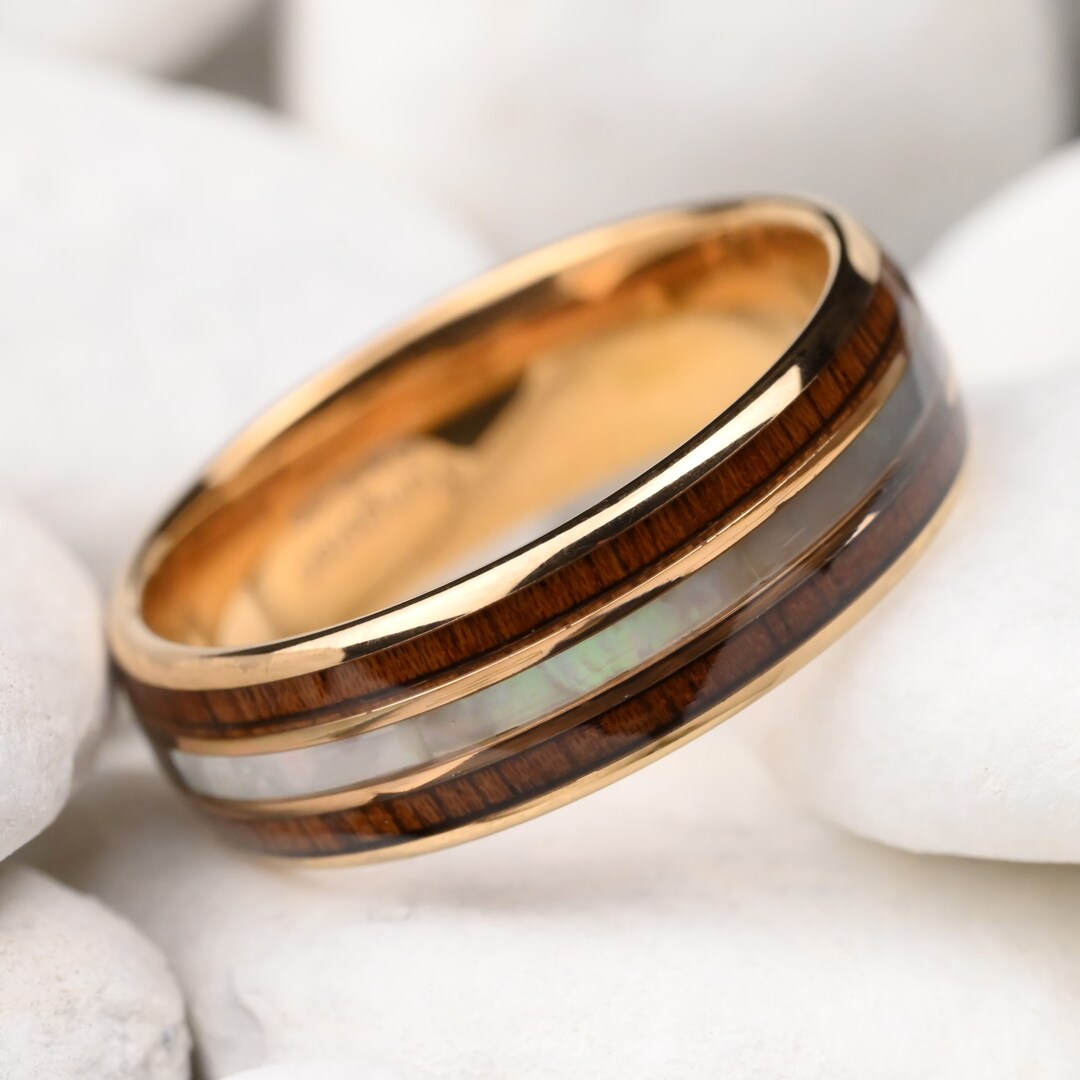 Rose Gold Plated Pearl & Koa Wood Ring, Mens Wedding Band, Engraved