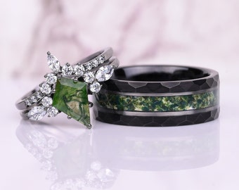 Grüne Moosachat Ring, Ehering für sie und ihn, Ehering für Herren, Ehering für Männer, Geschenk für ihn, Ring für Paare, Comfort Fit